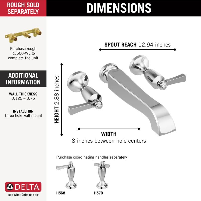 DELTA Dorval Two Handle Wall Mount Tub Filler - Less Handles — Chrome