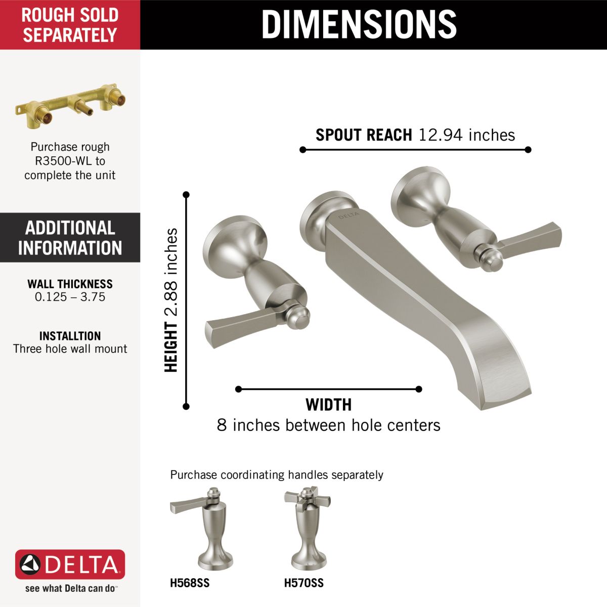 DELTA Dorval Two Handle Wall Mount Tub Filler - Less Handles — Stainless