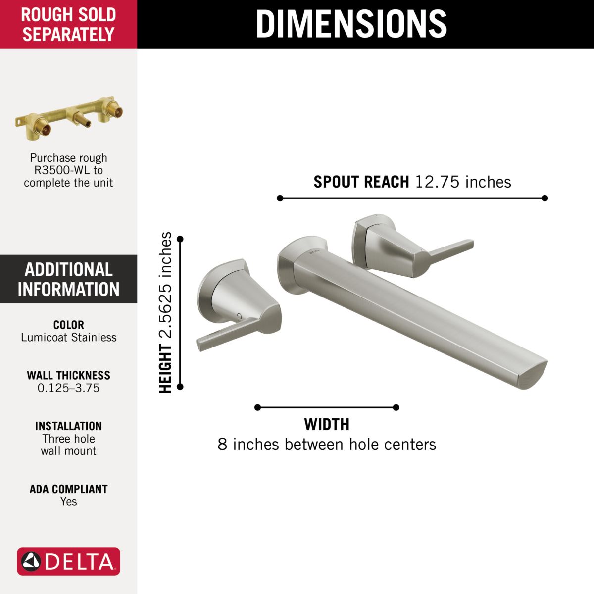 DELTA Galeon Wall Mount Tub Filler — Lumicoat® Stainless
