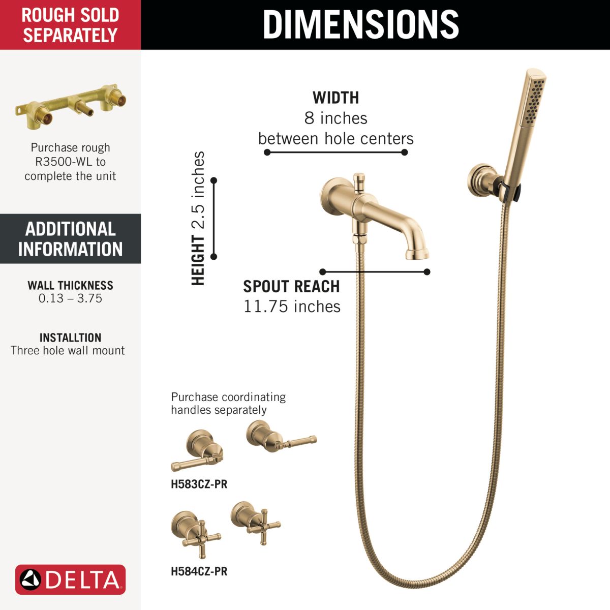 DELTA Broderick Wall Mount Tub Filler Trim with Hand Shower - Less Handles — Lumicoat® Champagne Bronze