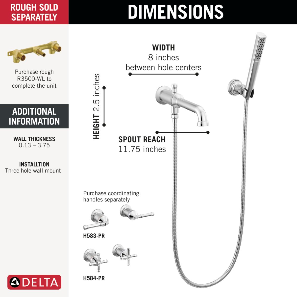 DELTA Broderick Wall Mount Tub Filler Trim with Hand Shower - Less Handles — Lumicoat® Chrome