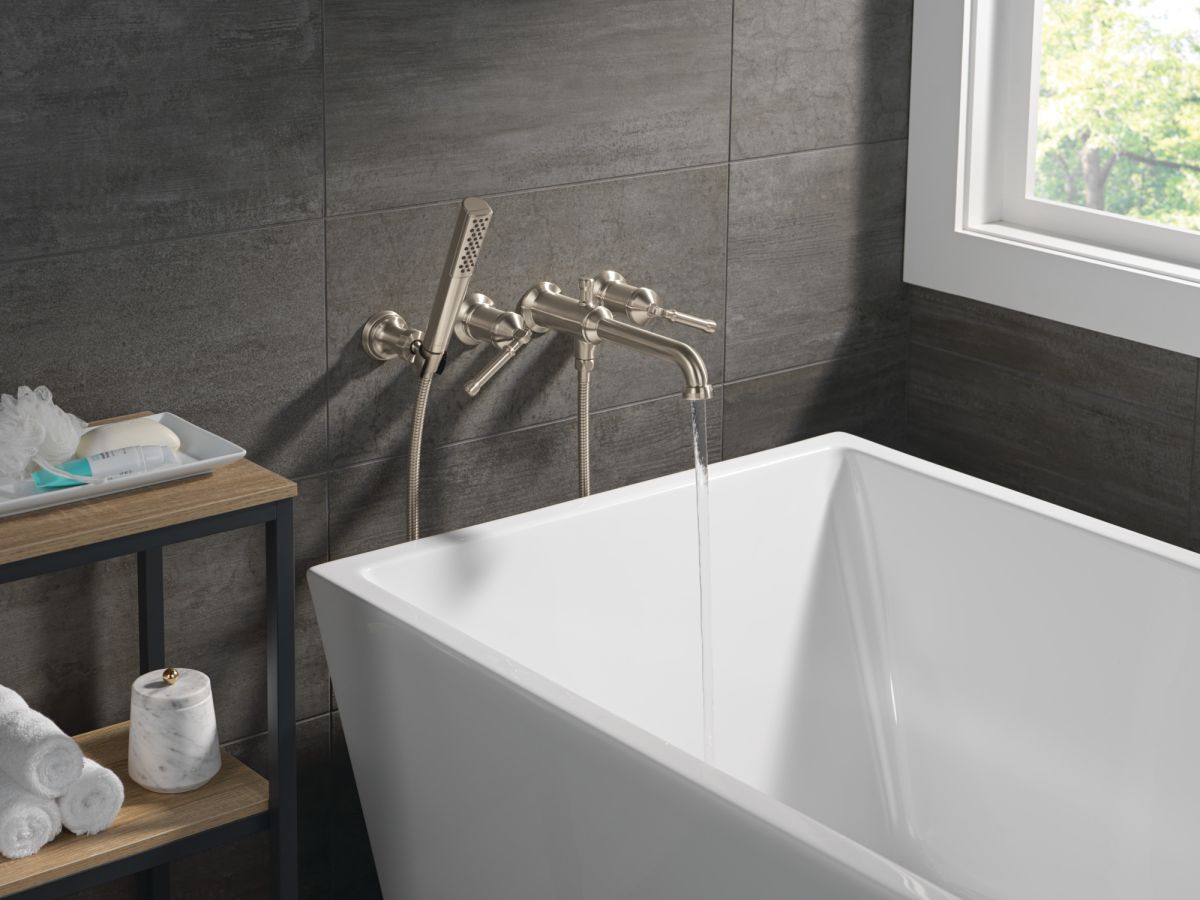 DELTA Broderick Wall Mount Tub Filler Trim with Hand Shower - Less Handles — Lumicoat® Stainless