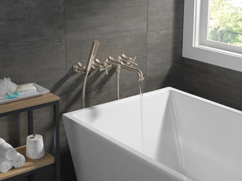 DELTA Broderick Wall Mount Tub Filler Trim with Hand Shower - Less Handles — Lumicoat® Stainless
