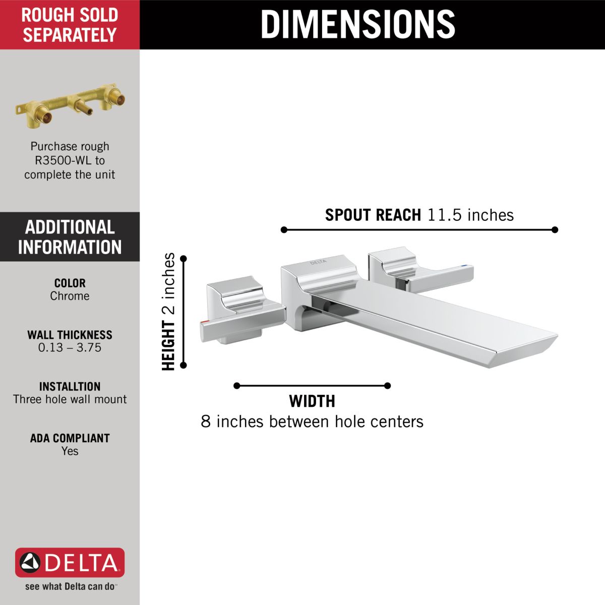 DELTA Pivotal Wall Mount Tub Filler Trim — Lumicoat® Chrome