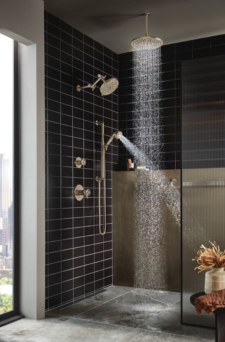 BRIZO Essential Shower Linear Round Jointed Wall Mount Shower Arm And Flange — Polished Nickel