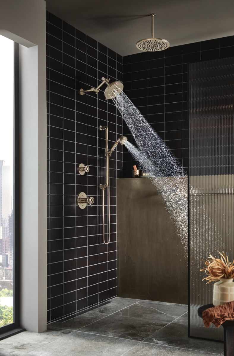 BRIZO Essential Shower Linear Round Jointed Wall Mount Shower Arm And Flange — Polished Nickel