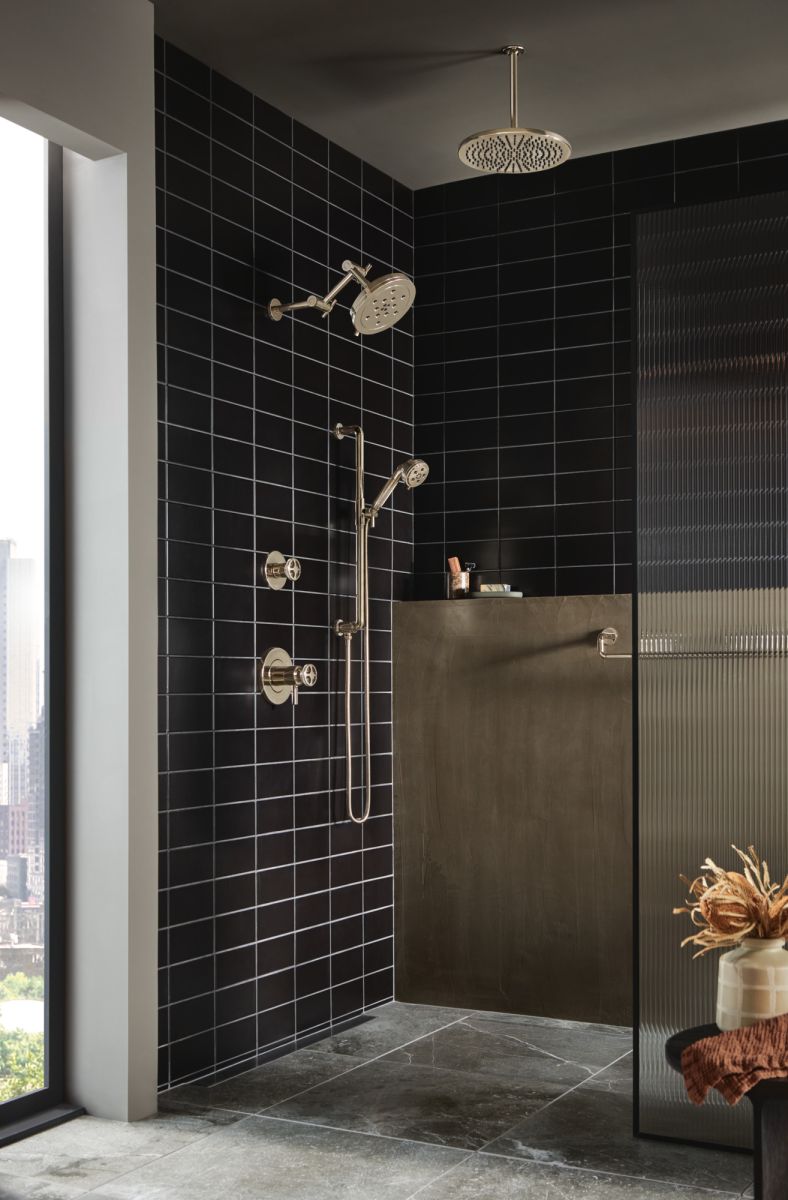 BRIZO Essential Shower Linear Round Jointed Wall Mount Shower Arm And Flange — Polished Nickel