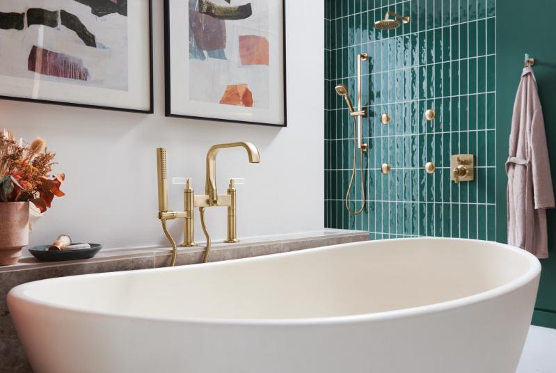 BRIZO Allaria Two-Handle Tub Filler Trim Kit with Lever Handles — Luxe Gold / Clear Acrylic